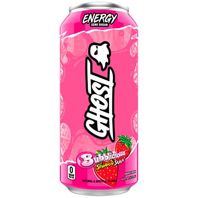 GHOST Energy Drink - Zero Sugar - Bubblicious Strawberry Splash (12 Drinks, 16 Fl Oz. Each)